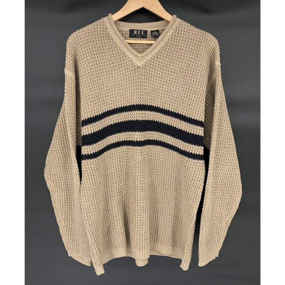 Rue21 Other - Vintage Rue 21 Beige V-Neck Sweater With Black Stripes Men XL Ramie Grandpa y2k